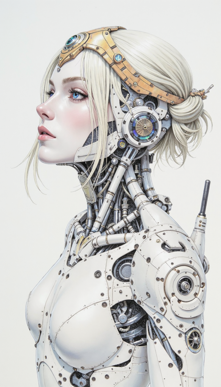 watercolor style,ARCHSLRA,a hand-drawn sketch and watercolor style,drk,intense opalescent inlay style, A medium shot of a female cyborg with alabaster skin and platinum blonde hair, adorned with an intricate, gilded headpiece. The image exudes hyperrealistic detail, showcasing the juxtaposition of delicate features and intricate mechanical augmentations. Focus on the cyborg's melancholic gaze, directed slightly upwards, hinting at a subtle longing or introspection. Emphasize the contrast between the smooth, porcelain-like texture of her skin and the cold, metallic precision of her cybernetic enhancements, particularly the intricate network of wires and gears that snake across her back and around her right arm. Utilize a soft, ethereal lighting scheme to highlight the subject's beauty and enhance the otherworldly atmosphere. The background should be stark white, providing a clean, clinical backdrop that further accentuates the cyborg's presence.