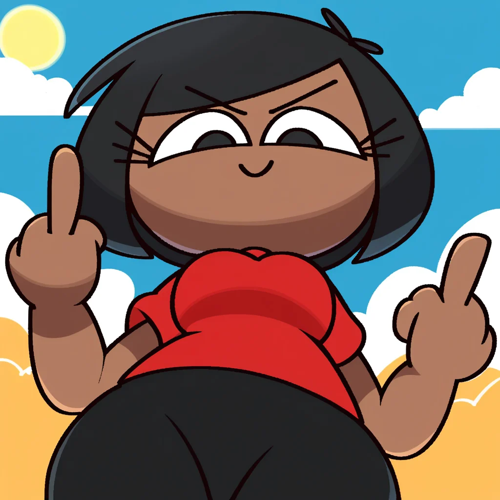 zPDXL, flat colors, cel shading, vector, detailed background, blue background, clouds, sun, 1girl, solo, rob_(\vilepluff\), dark skin, eyelashes, medium breasts, black hair, bob cut, red shirt, short sleeves, grey pants, thick thighs, looking at viewer, \small head, middle finger, from below, <lora:RobVile:1>