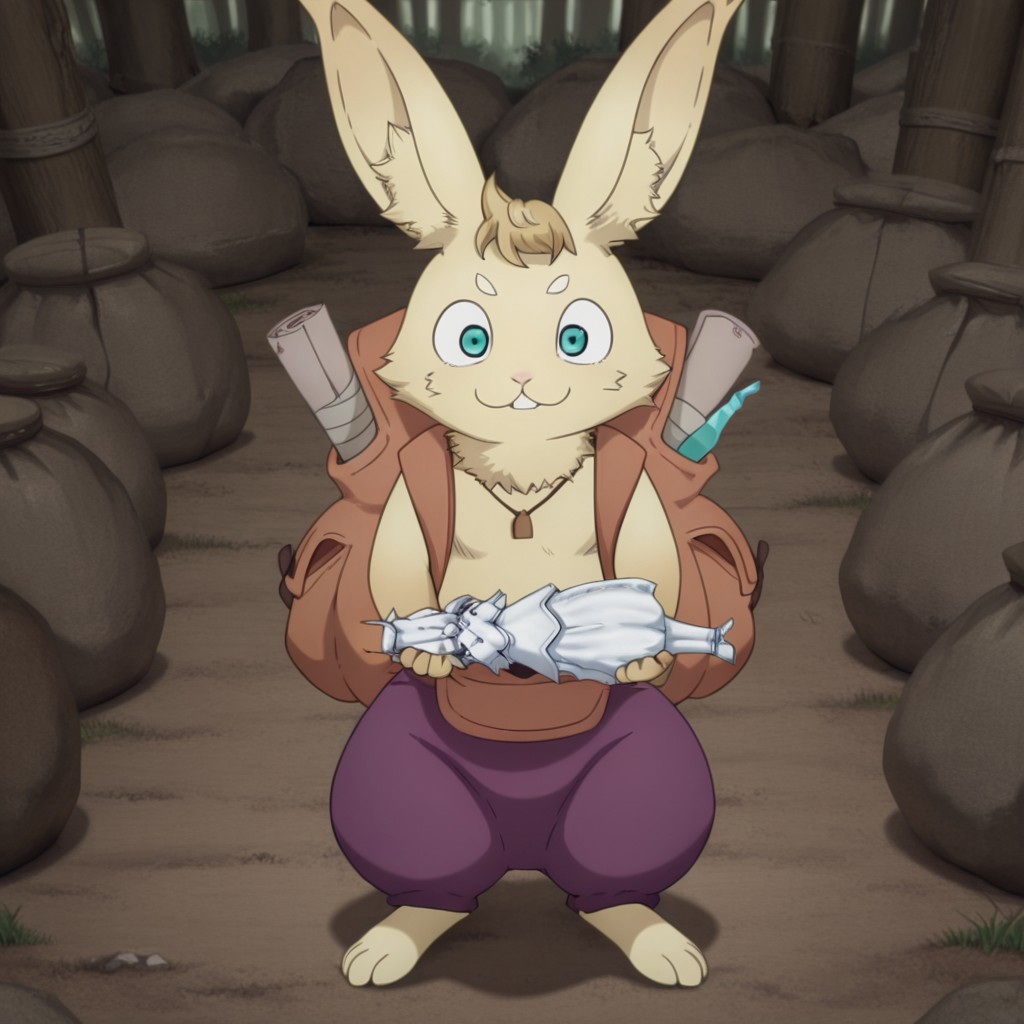 masterpiece, best quality, amazing quality, PeatzslfIL, semi-anthro, male, rabbit, cream blonde fur, turquoise eyes,  necklace, loose purple pants, standing , in a forest, solo