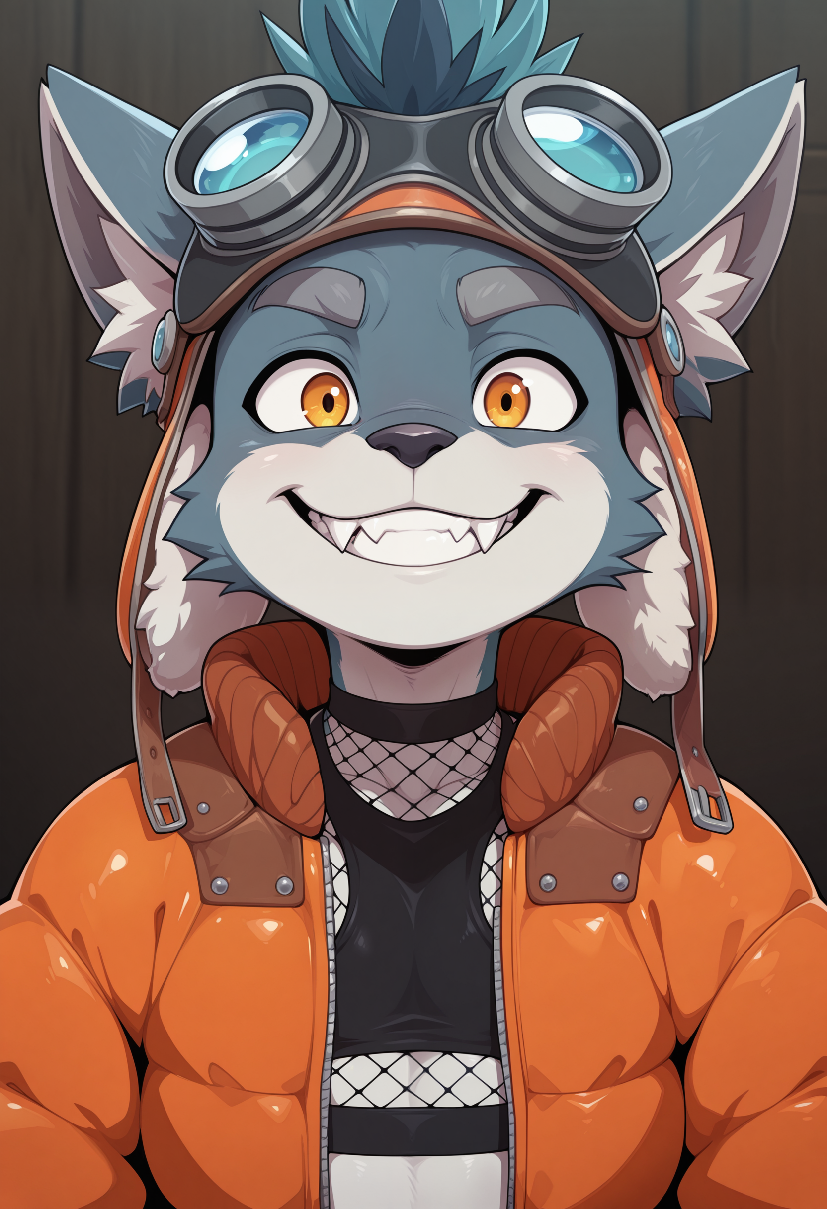 masterpiece, best quality, amazing quality, 1boy, solo, BrewsterDL, Orange Jacket, Fishnet Top, Hat, close-up, smile, fangs