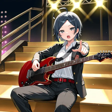 (masterpiece, best quality:1.4), looking at viewer, cowboy shot, outdoors, stairs, sitting, hachiman hikigaya, ahoge, grey eyes, black pants, school uniform, black jacket, open jacket, white shirt, belt, playing instrument, electric guitar, singing, pointing at viewer, stage lights, dark background, ,masterpiece,best quality,amazing quality, <lora:hachiman_hikigaya_v1:0.7>