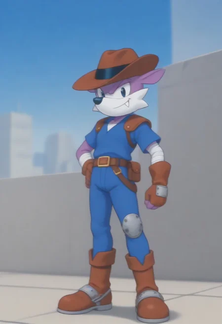 score_9, score_8, score_7, 1man, solo, furry, anthro, source_cartoon, Fang the Sniper, purple skin, cowboy hat, gloves, belt, boots, city, daytime, looking at viewer, dynamic, blue jumpsuit, blue pants, blue shirt, short sleeves, brown shoulder armor, blue fingerless gloves, bandaged arm, asymmetrical legwear, red boots, short, short body