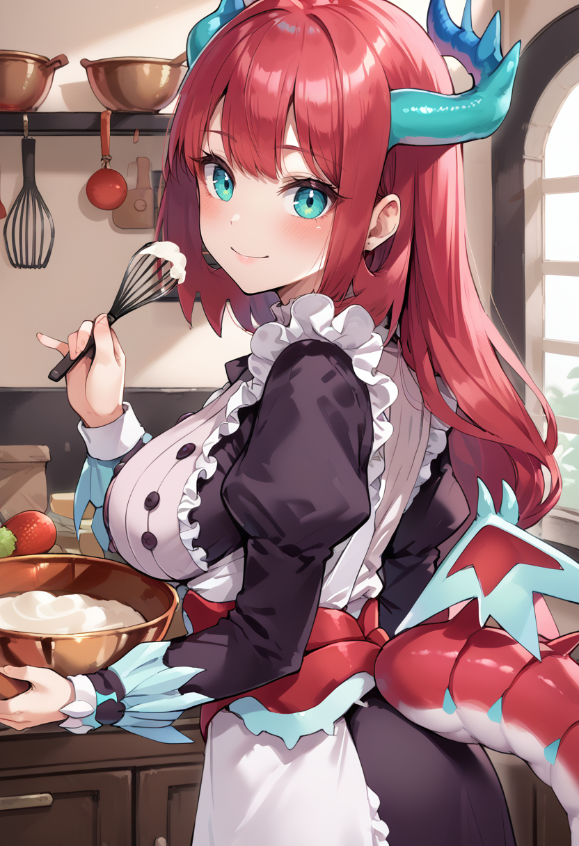 (score_9:0.9),score_8_up,score_7_up,rating_safe,anime style,(zPDXL),<lora:Kitchen Dragonmaid ponyXL v1:0.75>,kitchen dragonmaid,1girl,solo,large breasts,smile,whisk,looking back,kitchen,indoors,food,maid clothes,blush,bowl,holding bowl,holding whisk,from behind,