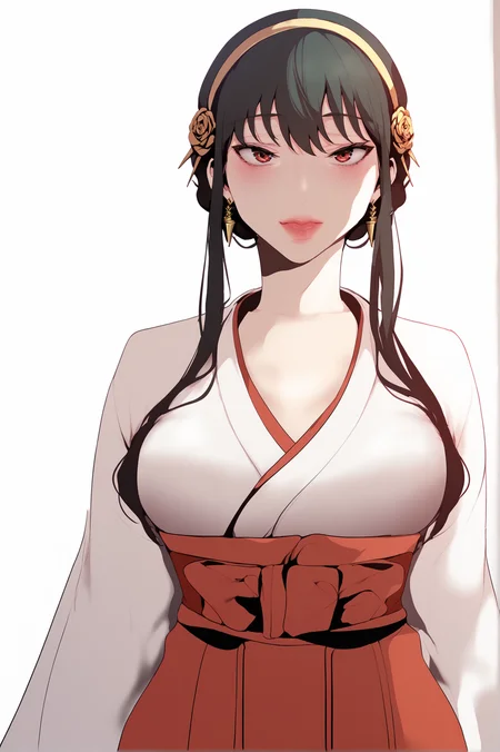 <lora:XL_STYLE_BNW_ART1:1> bnwart1def,
yor briar, simple background, white background, 1girl, japanese clothes, solo, looking at viewer, kimono, breasts, white kimono, long sleeves, red hakama, wide sleeves, red sash, score_9,score_8_up,score_7_up, detailed face, source_anime