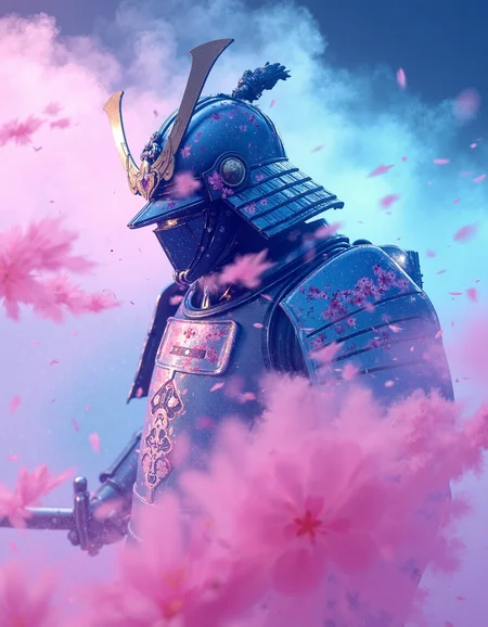 Extreme close-up of a soft-focus, cotton candy-colored, East Asian ronin, with an ethereal pink-and-blue mist swirling around, mid-motion in a flashy combat stance, clad in futuristic pastel samurai armor with holographic sakura etchings, under cinematic neon lighting, capturing a dreamlike glow, with a shallow depth of field and soft-focus bokeh, shot on 64-megapixel DSLR, reminiscent of a Wong Kar-wai film, with pastel pink-and-cyan two-tone color scheme, and a moody film grain, illuminated by a combination of dim blue ring lights and a distant warm magenta key light. The painting is in the style of umesky. <lora:ume_sky_v2:1>