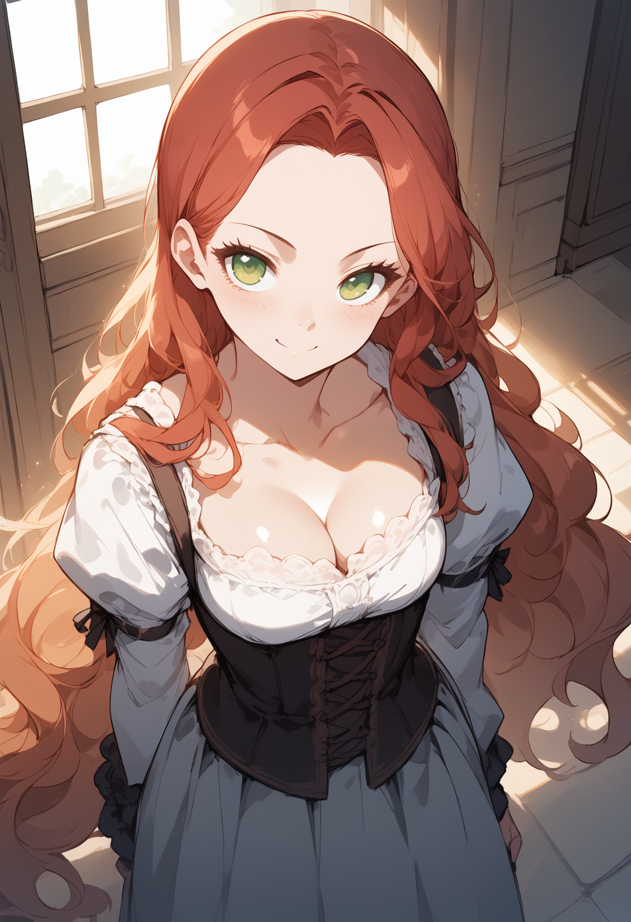 score_9,score_8_up,score_7_up,score_6_up,source_anime,absurdres,
BREAK <lora:Florentia_Lombardi:0.8>,FlorentiaLombardi,1girl,solo,skinny,toned,perfect anatomy,forehead,red hair,very long hair,green eyes,long eyelashes,blouse,pants,short skirt,smile,(fred perry:0.4),Victorian,face_focus,close-up,from_above,