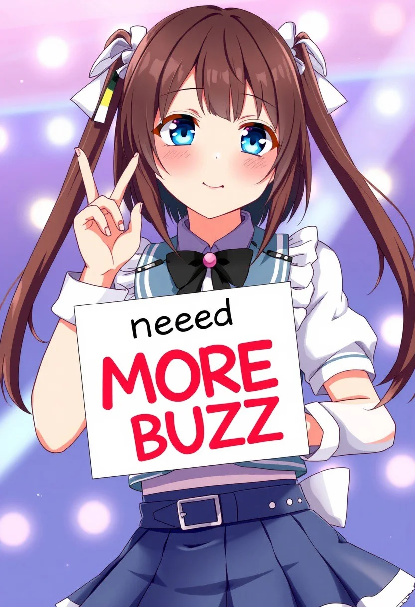 Shizuku Osaka in her idol outfit, (holding a sign that says "I need MORE BUZZ":1.5), anime style, blue eyes, dark brown hair, love live style