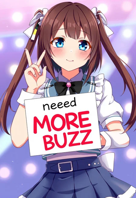 Shizuku Osaka in her idol outfit, (holding a sign that says "I need MORE BUZZ":1.5), anime style, blue eyes, dark brown hair, love live style