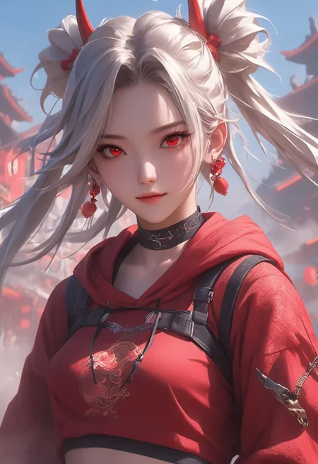 WLOP art style, Digital painting style visual effects, real humans, (Korean girl), Temari, looking at the audience, female, ((With straight one pair Oni Horns on On the forehead)), (((solo))), Innocent eyes and smile, ((((double pigtails)))) ,white hair, short hair, (fluffy very short spiky pigtails), ((abs)), ((((navel exposed)))), ((abs)), ((((navel exposed)))), black short Hoodie, red long-sleeved top, tight denim hot pants, long legs, clear face, ruby red eyes, holding a gun, gun in hand, looking up, bright eyes, clarity, movie shot, (full body), complex Details, 8k post-production, faithful and colorful movies,