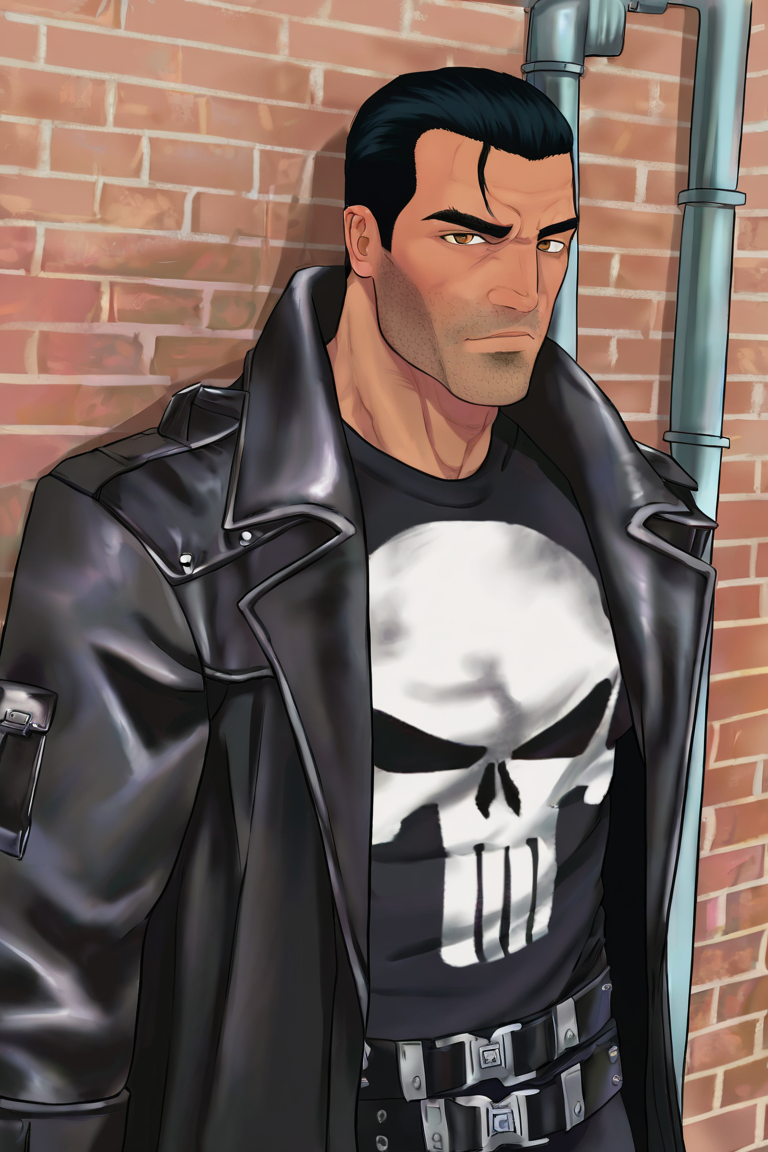 masterpiece, best quality, highres, newest, frankcastle, 1boy, solo, male focus, mature male, short hair, black hair, hair slicked back, brown eyes, thick eyebrows, facial hair, stubble, looking at viewer, muscular male, black coat, trench coat, leather, long sleeves, open coat, shirt, skull print, standing, portrait, upper body, outdoors, brick wall, industrial pipe <lora:Frank Castle - The Punisher (2005) from Video Game v1.0 BETA [LoRA] - NoobAI-XL EPS 1.0:0.8>