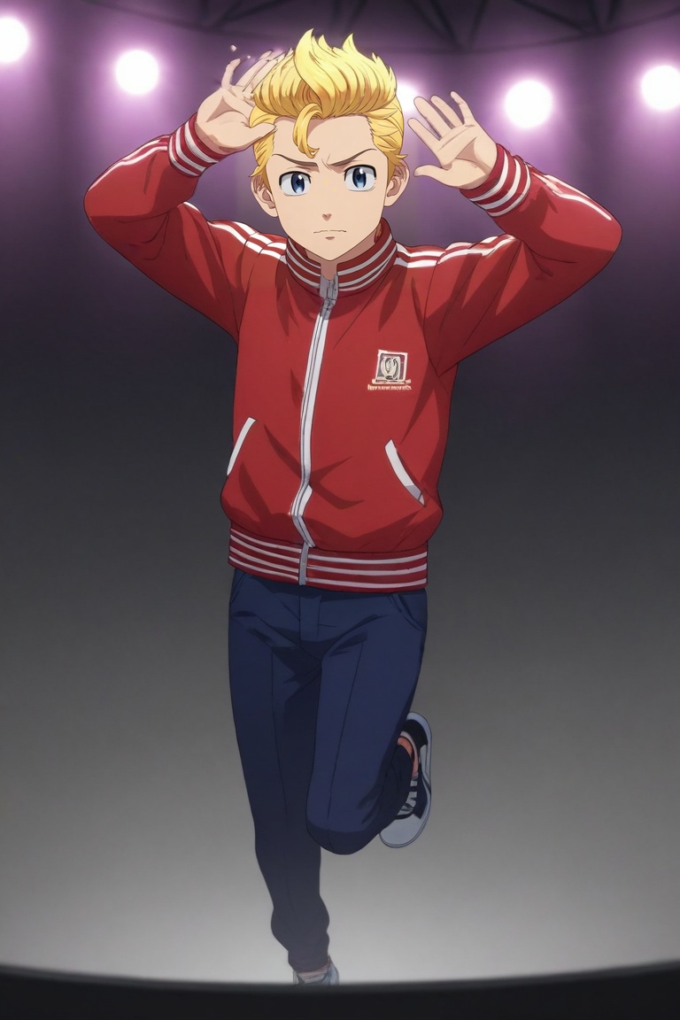 score_9, score_8_up, score_7_up, source_anime, rating_safe, intricate details, (realistic:0.6), looking at viewer, depth of field, 1boy, solo, male focus, <lora:takemichi_hanagaki_pony:0.92>, takemichi_hanagaki, blonde hair, blue eyes, faux hawk, straight-on, full body, concert, stage, stage lights, idol, day, clouds, jumping, wavy mouth, track jacket,, <lora:sdxl_lightning_8step_lora:1>