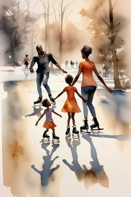 <lora:Thomas Schaller Style:1>Thomas Schaller Style - watercolor art of black family 6. Sculpture of a family on skates trying to catch up with each other beautiful art no splash