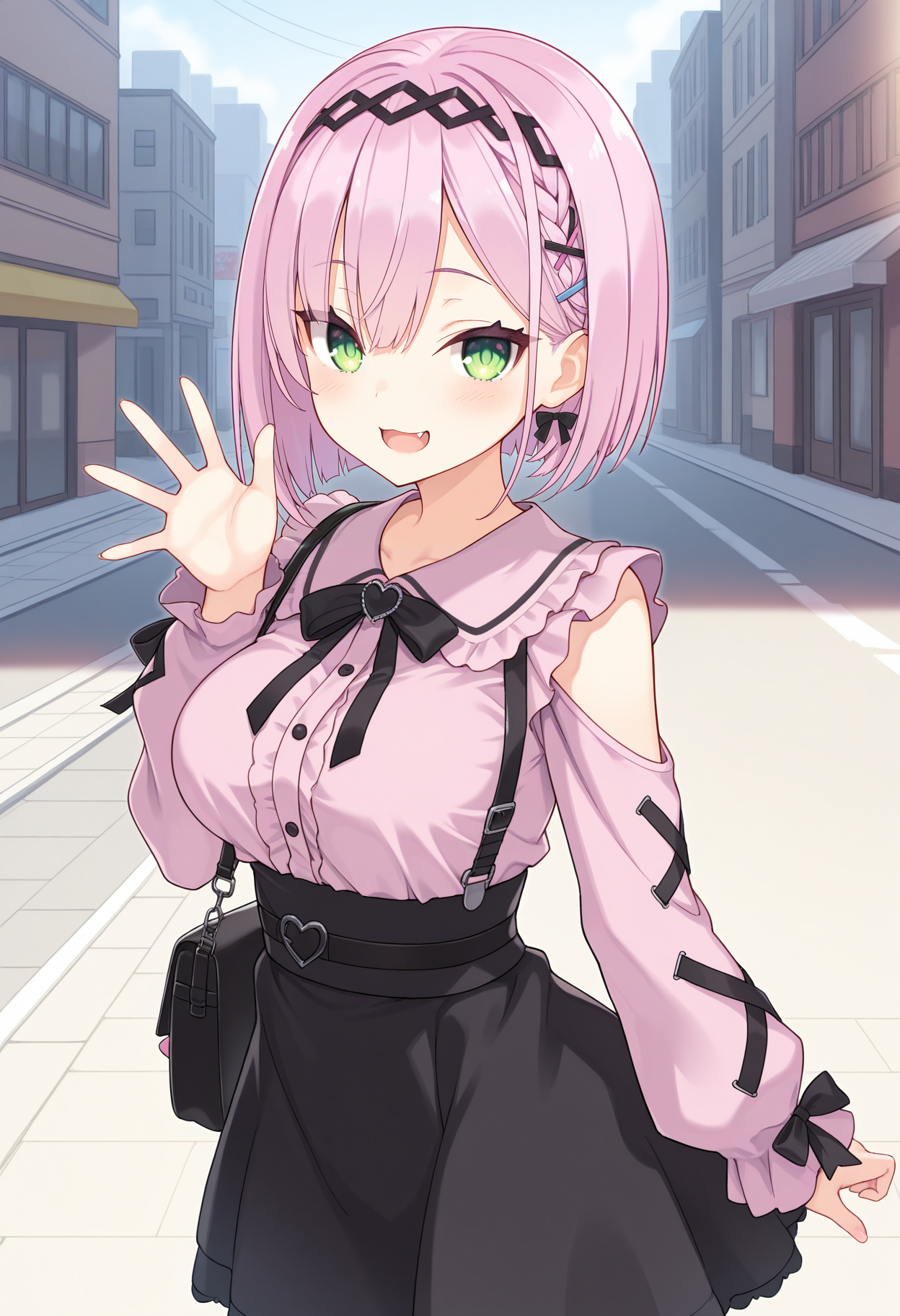 1girl, aaamane, pink hair, short hair, braid, hairband, hair ornament, hairclip, green eyes, fang, breasts, <lora:tanikaze_amane_ilxl_v1:0.9>, solo, jirai kei, high-waist skirt, black skirt, shoulder bag, smile, waving, standing, cowboy shot, city, street,
masterpiece, best quality, amazing quality,