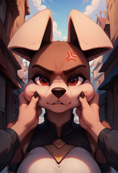 masterpiece, score_9_up, score_8_up, score_7_up, score_6_up, score_5_up, (best quality:1.1), ultra-detailed, high resolution, 1girl, Komxl, anthro, canine, animal ears, animal nose, red eyes, brown fur, cute, cheek pinching, pov hands, puffy cheeks, annoyed, anger vein, angry, BREAK detailed facial features, 4k, expressiveh, highly visible, sharp focus, anatomically correct BREAK, extremely detailed, high detail, Expressiveh, outside, detailed background, OverallDetail, zPDXL3