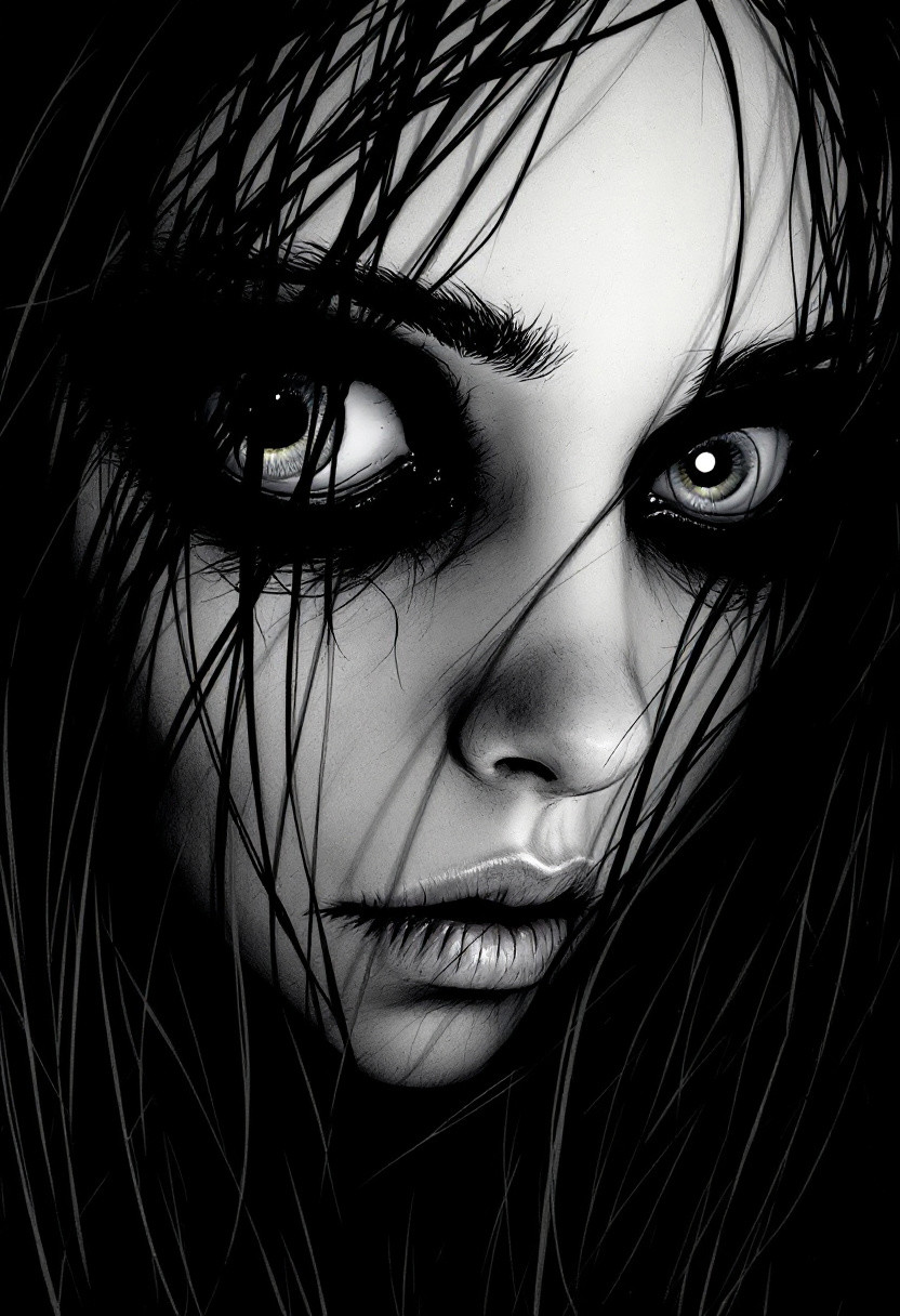 tim burton,, horror (theme), wide-eyed, 1girl, long hair