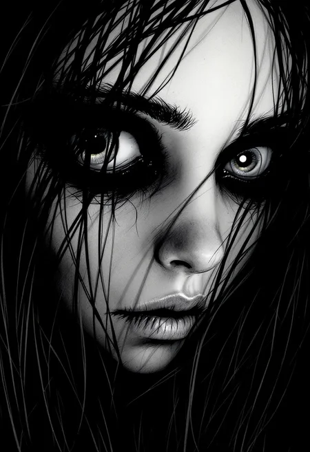 tim burton,, horror (theme), wide-eyed, 1girl, long hair
