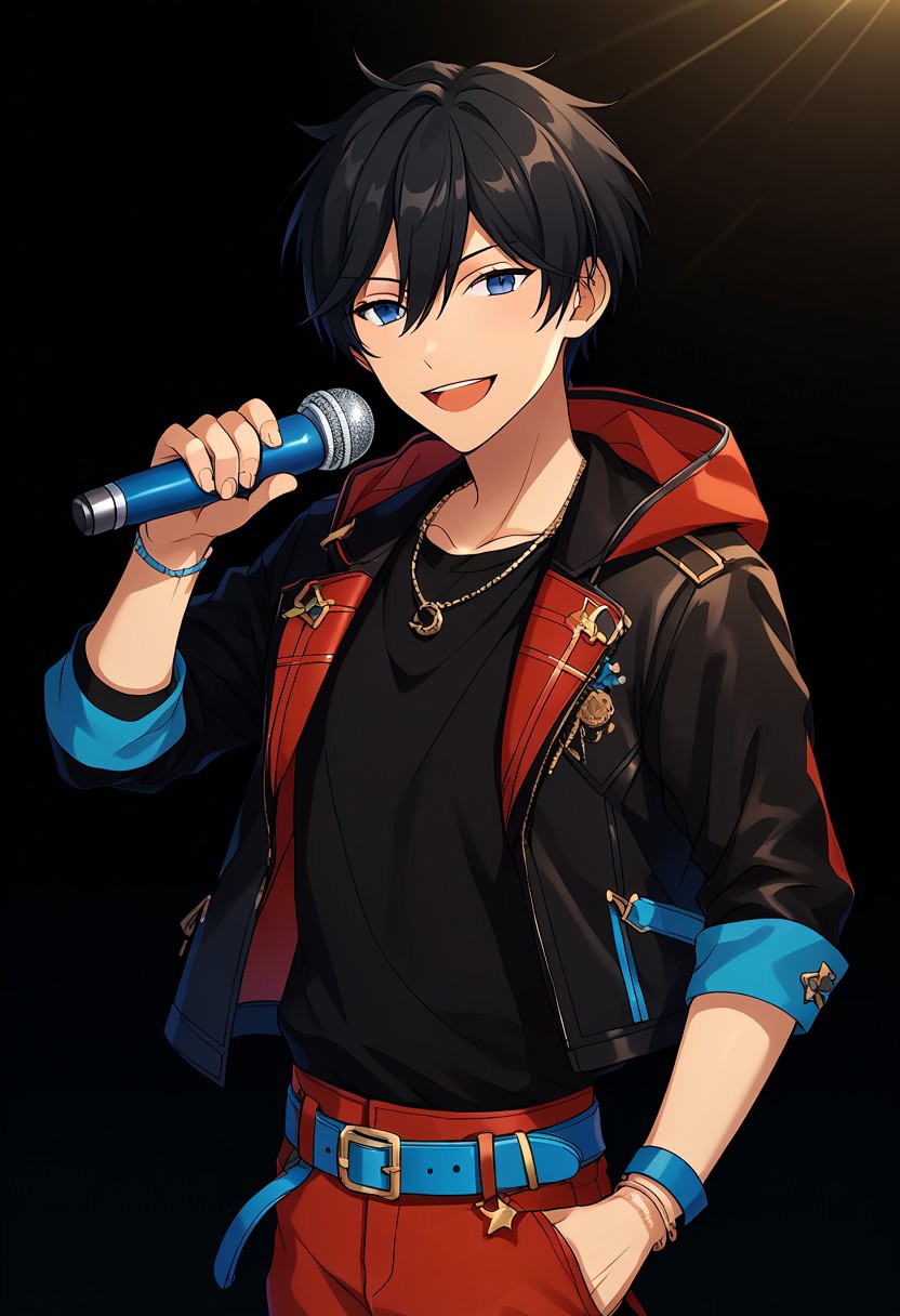 score_9, score_8_up, score_7_up, source_anime, highly detailed, 
hokuto, 1boy, male focus, microphone, blue eyes, black hair, holding microphone, solo, jacket, smile, jewelry,
holding, looking at viewer, red pants, belt, pants, bracelet, shirt, black shirt, open mouth, virtual youtuber, hair between eyes, hood, upper body
