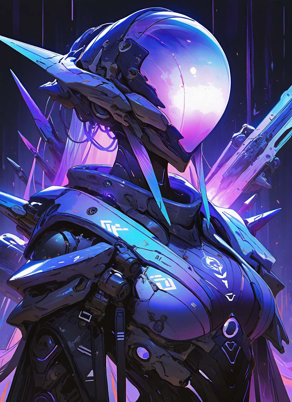 masterpiece, best quality, newest, absurdres, highres, painting, mcnm, 1girl, helmet, purple glow, spikes, detailed, <lora:Mechanism-Illustious:1.0>