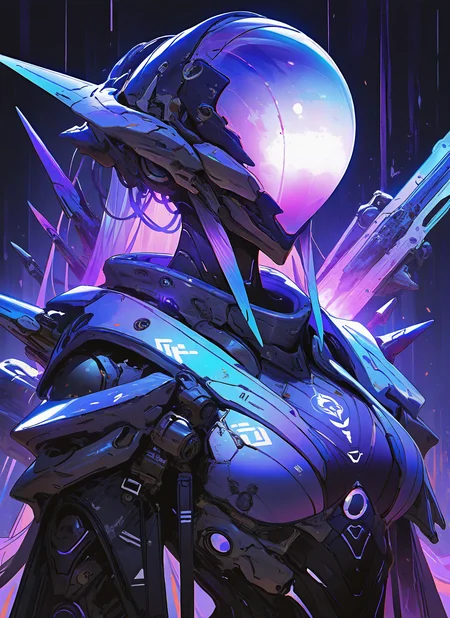 masterpiece, best quality, newest, absurdres, highres, painting, mcnm, 1girl, helmet, purple glow, spikes, detailed, <lora:Mechanism-Illustious:1.0>