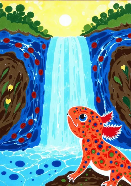 Ebru, Paper Marbling, axolotl, An axolotl gazing up at a towering waterfall<lora:Axomodel_Flux_V1.1.safetensors:0.85:0.85> <lora:Marbled_Magic_Paper_Marbling_FLUX_V1.safetensors:1:1>