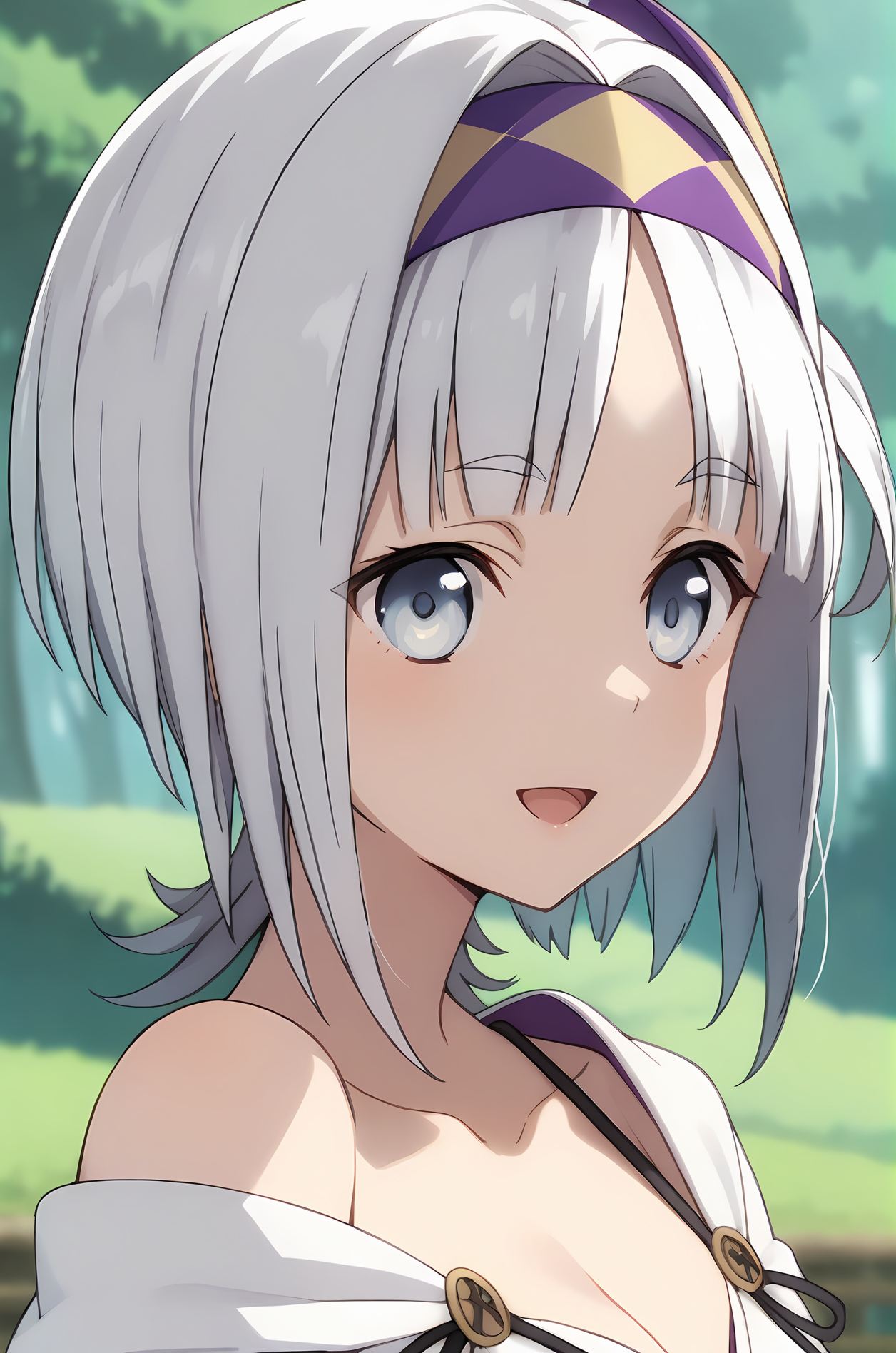(:1.40), sh-syne, white hair, medium hair, headband, hair ornament, blue eyes, medium breasts, 1girl, solo, skinny, (score_9, score_8_up, score_8, score_7_up), score_7, score_6_up, score_6, source_anime,
(happy:1.20),
(0.2:outdoors forest:1.20),
(0.2:close-up depth of field:1.30),
, <lora:sh-syne-V01:1.00>