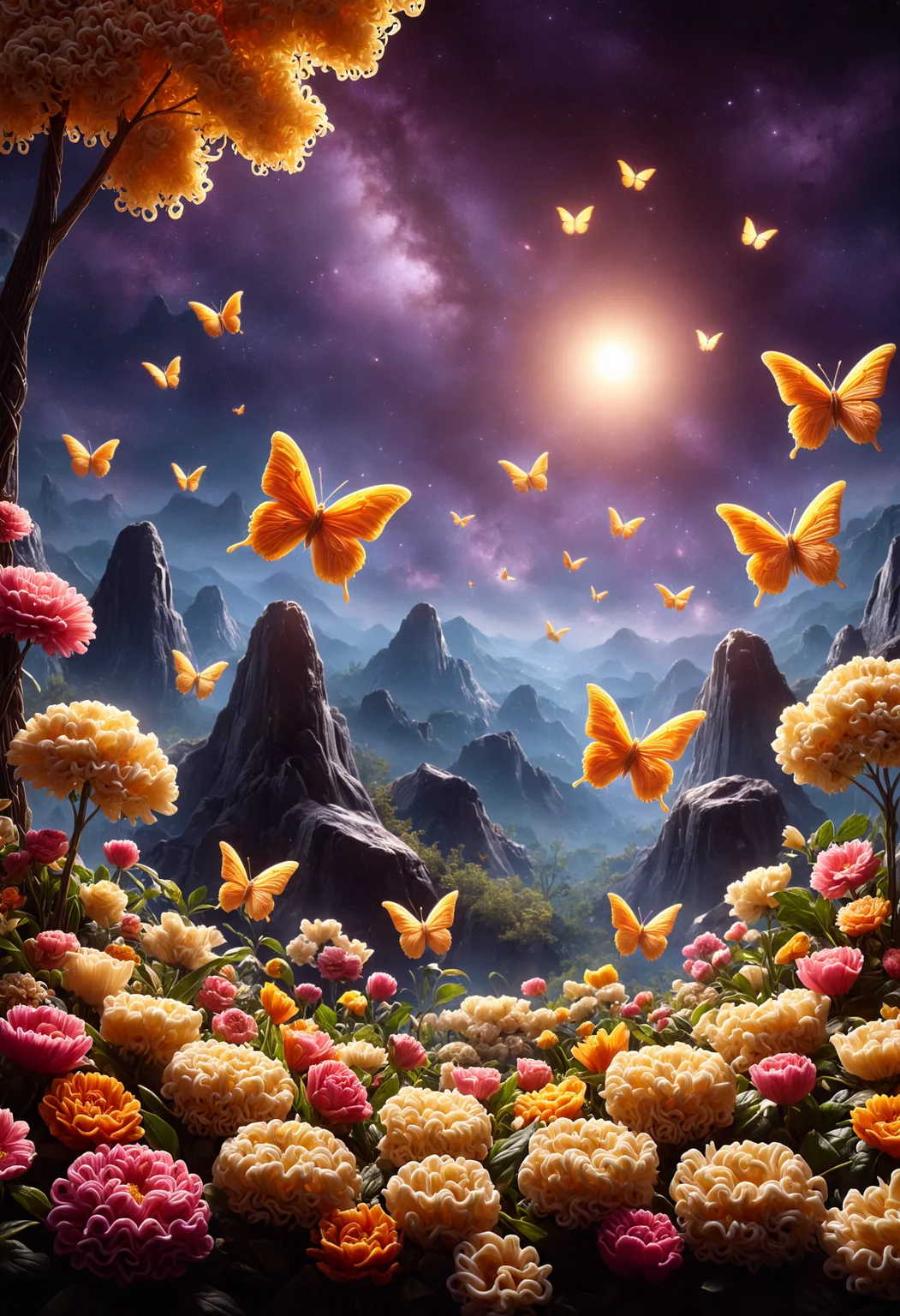 spring landscape, flowers, nature, butterflies, night sky, starry sky, moon, moon light, vivid colors, masterpiece, hyperdetailed, made out of instant noodles, <lora:PinkieNdlsSDXL:1>, p1nkn00dles, <lora:aidma-Image UpgraderXL-v0.1:0.8>, detailemaximizer, realistic,