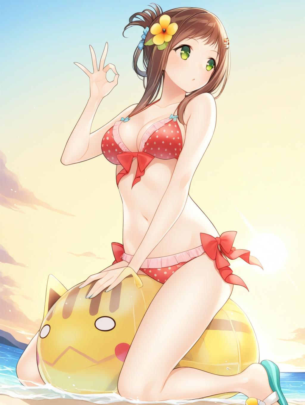 perfect quality,best quality,absolutely eye-catching,ambient occlusion,raytracing BREAK
1girl,<lora:sofia natu IL v1.1:1>,natu,polka dot bikini,ribbon,hair ornament,sandals,solo,ocean,beach,green eyes,updo,, from below, looking away,bust,on_side,ok_sign,arm_held_back,straddling,