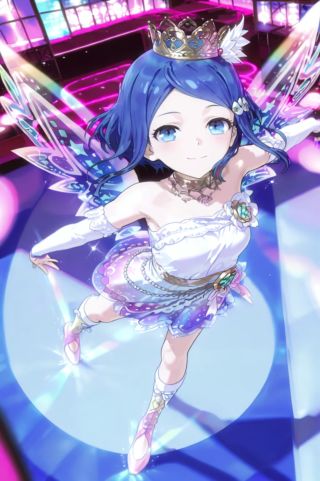 masterpiece, best quality ,very aesthetic, absurdres, newest, ice skating boots, beautiful, shiny dress, beautiful, ultra detailed, atmospheric, on stage, shiny, dramatic angle, malerisch,ephemeral, 13 years old, dancing, passionate, (rainbow), colorful, kawaii,darkness, blurred foreground, watercolor, short hair, detailed beautiful eyes, detailed beautiful hair, full body, ballet pose, <lora:spo_sdxl_10ep_4k-data_lora_webui:1>, from above, scenery, <lora:illustrious_very_aesthetic_v1:1>, <lora:ibara_rinne_v1_noob_epsilon_pred_1:1>, ibara rinne, divine, rinne_seventh_costume, crown, rinne_wings, jump, kindness, smile, looking at viewer, blush, sacred, godness, feather, angelic,