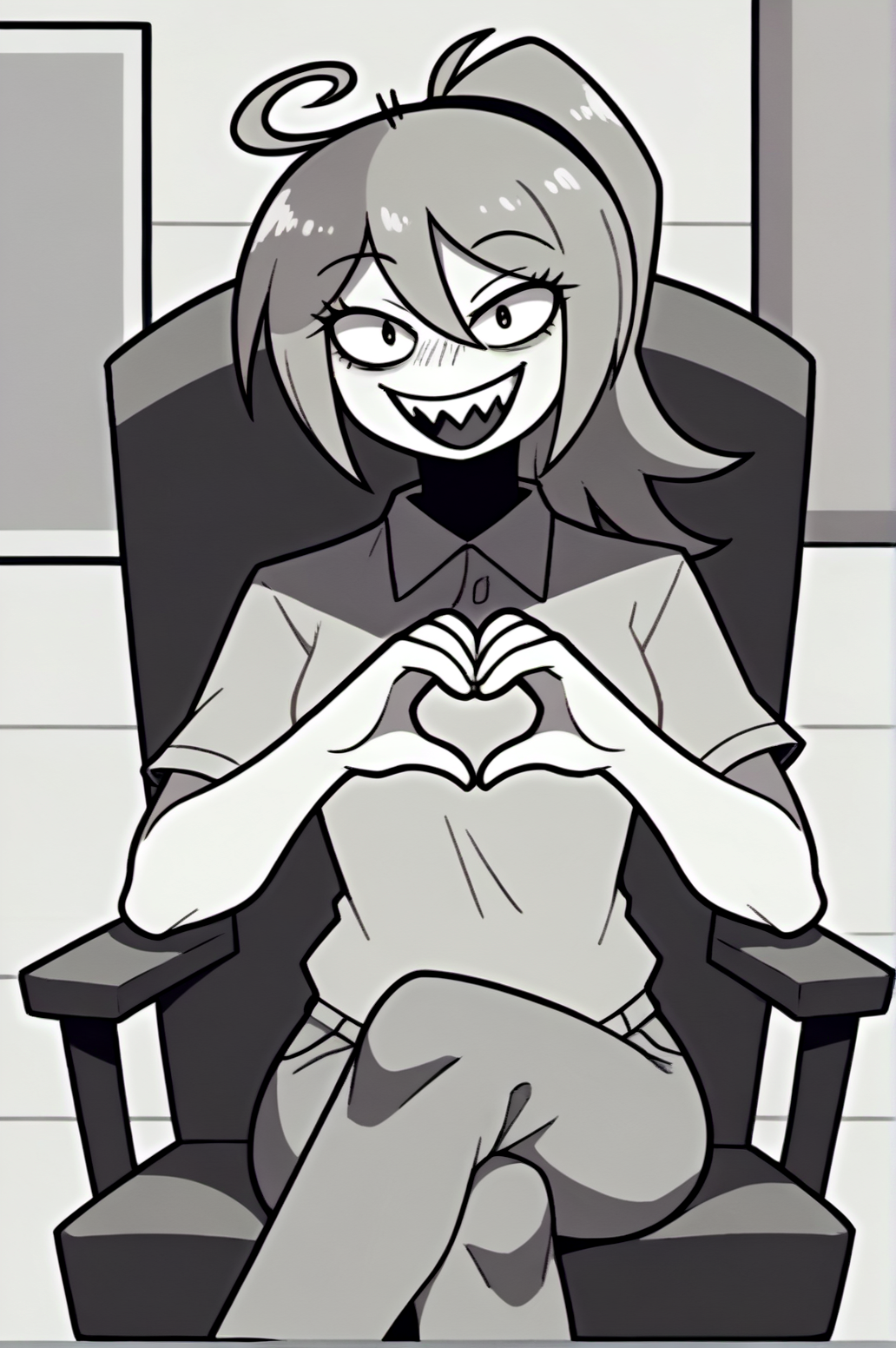 score_9, score_8_up, score_7_up, monochrome, manga_source, best background, detailed background, manga, greyscale  Lana, ahoge, collared shirt, sharp teeth, solo, teeth, naughty face, solo, horny, cowboy shot, indoors, crossed legs, puppet hands, puppets, sitting, chair, pants, personification,  <lora:JN_Lana:0.8>