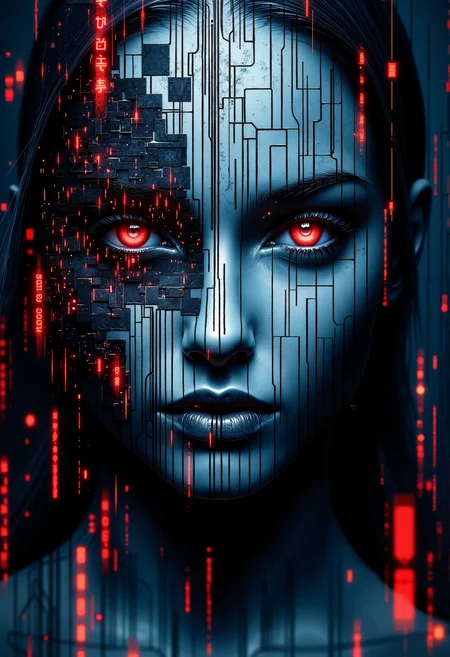 bo-digitalabstract, a digital artwork featuring a close-up of a human face, the subject appears to be a young woman with pale skin and a serene expression, her eyes are large and expressive, with a hint of sadness or contemplation, her lips are slightly parted, and her face is adorned with intricate, digital patterns that resemble binary code, the patterns are predominantly red and black, with some areas appearing darker and others lighter, creating a sense of depth and contrast, the background is a mix of dark and light tones, with vertical and horizontal lines and rectangles that resemble digital circuitry, adding a futuristic and technological feel to the artwork, the texture of the lines and squares is smooth and reflective, while the overall color palette is dominated by shades of blue, black, and red, the artwork has a high level of detail and realism, with the use of subtle gradients and shadows enhancing the surreal and almost ethereal atmosphere<lora:FLUX Digital Abstract\bo-digitalabstract_epoch_5.safetensors:0.8:0.8>