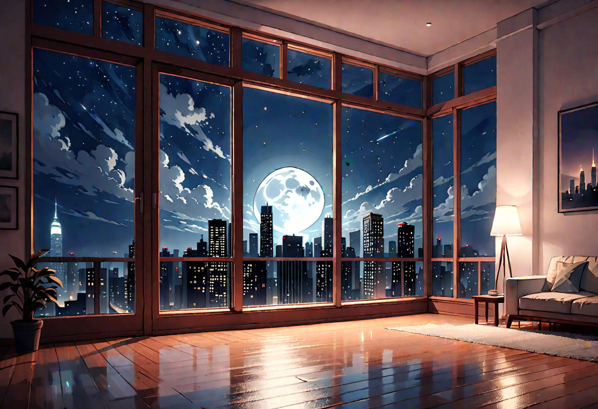 ((((front view)))), Shallow scene, ((animation style)), (((City high-rise building scenery))), ((((City scenery outside the window)))), ((sense of mystery)), (night), starry sky, moonlight, (weak light), (Facing the window), (open window), modern-style interior, Wooden floor, with white walls, (large windows), ((((sofa and coffee table by the window sill)))), carpet, a living room, (((Sofa placed horizontally))), (Behind the sofa is the window sill),