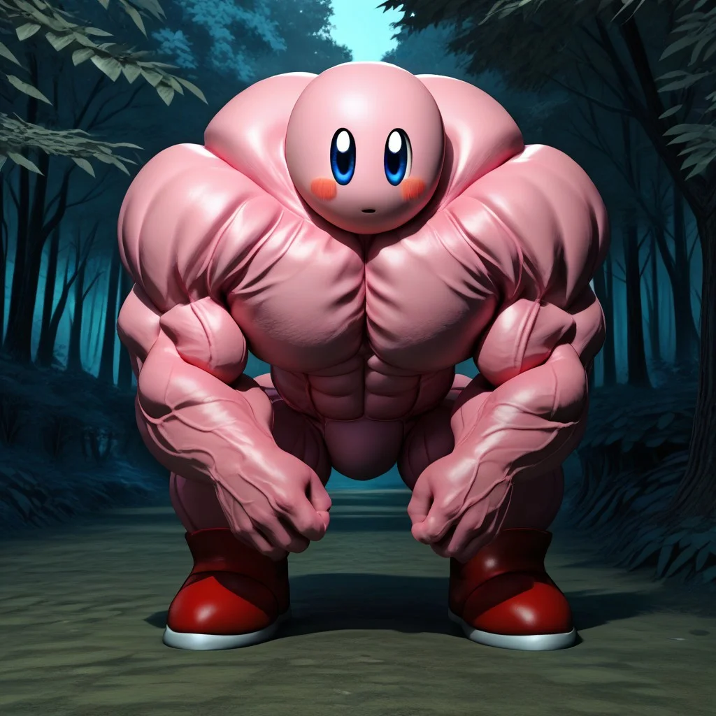 score_9,rating_safe,mydaz,solo,1kirby,no humans,Kirby, dark blue eyes, pink body, blush, red shoes,outdoors,forest,hypermuscular