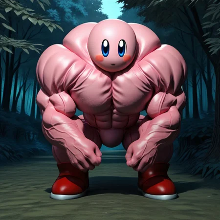 score_9,rating_safe,mydaz,solo,1kirby,no humans,Kirby, dark blue eyes, pink body, blush, red shoes,outdoors,forest,hypermuscular