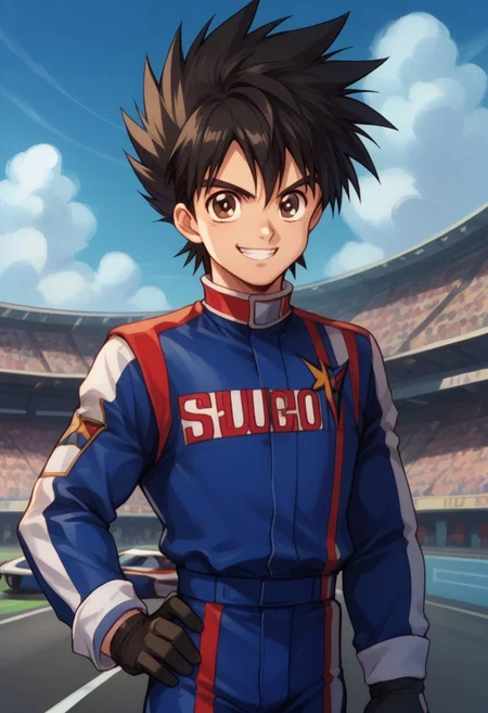 score_9, score_8_up, score_7_up, source_anime, highly detailed,
hayatokazami, 1boy, male focus, helmet, solo, smile, grin, gloves, black hair,
looking at viewer, spiked hair,
brown eyes, hand on hip, racing uniform, cute,
outdoor, sky,