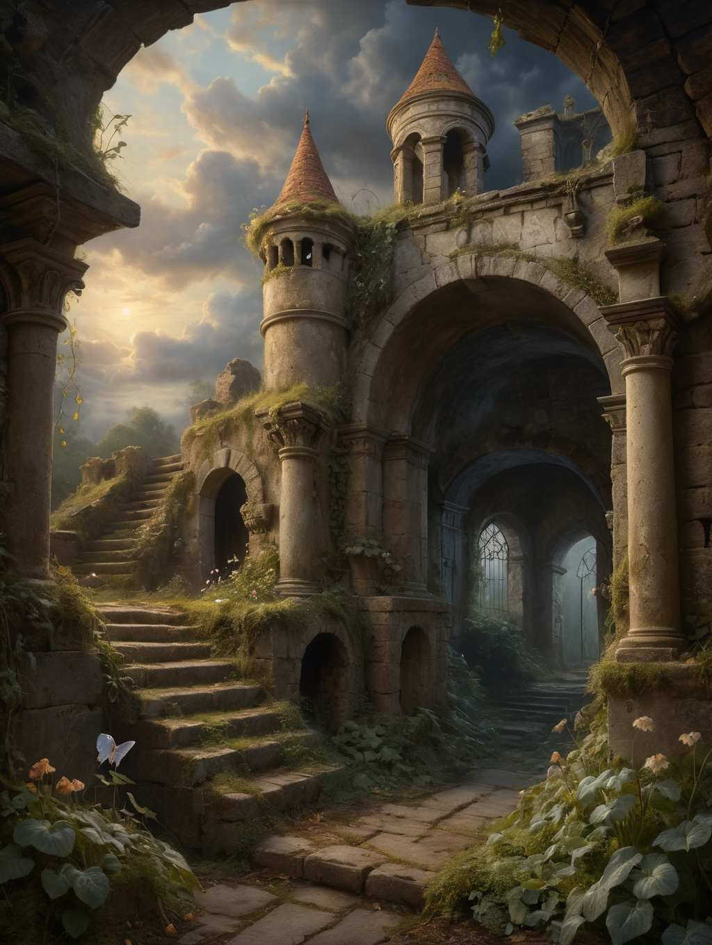 oil painting, Fairies play with the ghosts of the past in an enchanted garden in the ruins of an old castle, a secret tunnel leads to a forgotten crypt,  dramatic clouds, gloomy, mysterious, hazy, dusty, mystical, mysterious, gloomy, hazy, dusty, dramatic light,  34K uhd, masterpiece, high detail, 8k, intricate, detailed, high resolution, high res, high quality, <lora:add-detail-xl:1.8>, highly detailed, Extremely high-resolution details, fine texture,