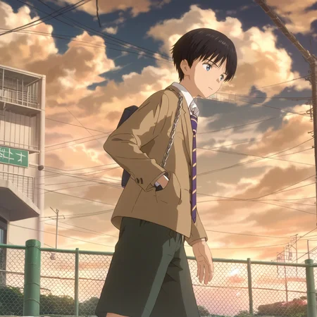 score_9,score_8_up,score_7_up,score_6_up,source_anime,masterpiece,best quality,high-detailed,Ray Tracing,<lora:KOJIMA:1>,1boy, Daisuke DojimaA, blurry ground, blurry, blue eyes, male focus, solo, black hair, fence, necktie, chain-link fence, cloud, sky, school uniform, jacket, anime coloring