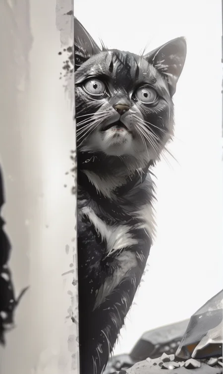 a black and white photograph of a shocked cat peeking out from behind a rock. The cat's eyes are wide open and it appears to be looking at something. The photograph is sharp and well-focused capturing the details of the cat's fur and the texture of the rock. <lora:Midjourney_Niji_Anime_model_style_for_IllustriousXL__Mix_of_V5__V6:0.8>  <lora:- iLL - combined_concept_V1.0-step000011500:1>  <lora:noobai_vpred_1_blending_v1:0.8>  <lora:- iLL - sharpdtls_lightatmo_V1.0-step00002500:1> <lora:Best_Facial_Expression_Helper_XTREME_ILLU:0.8>