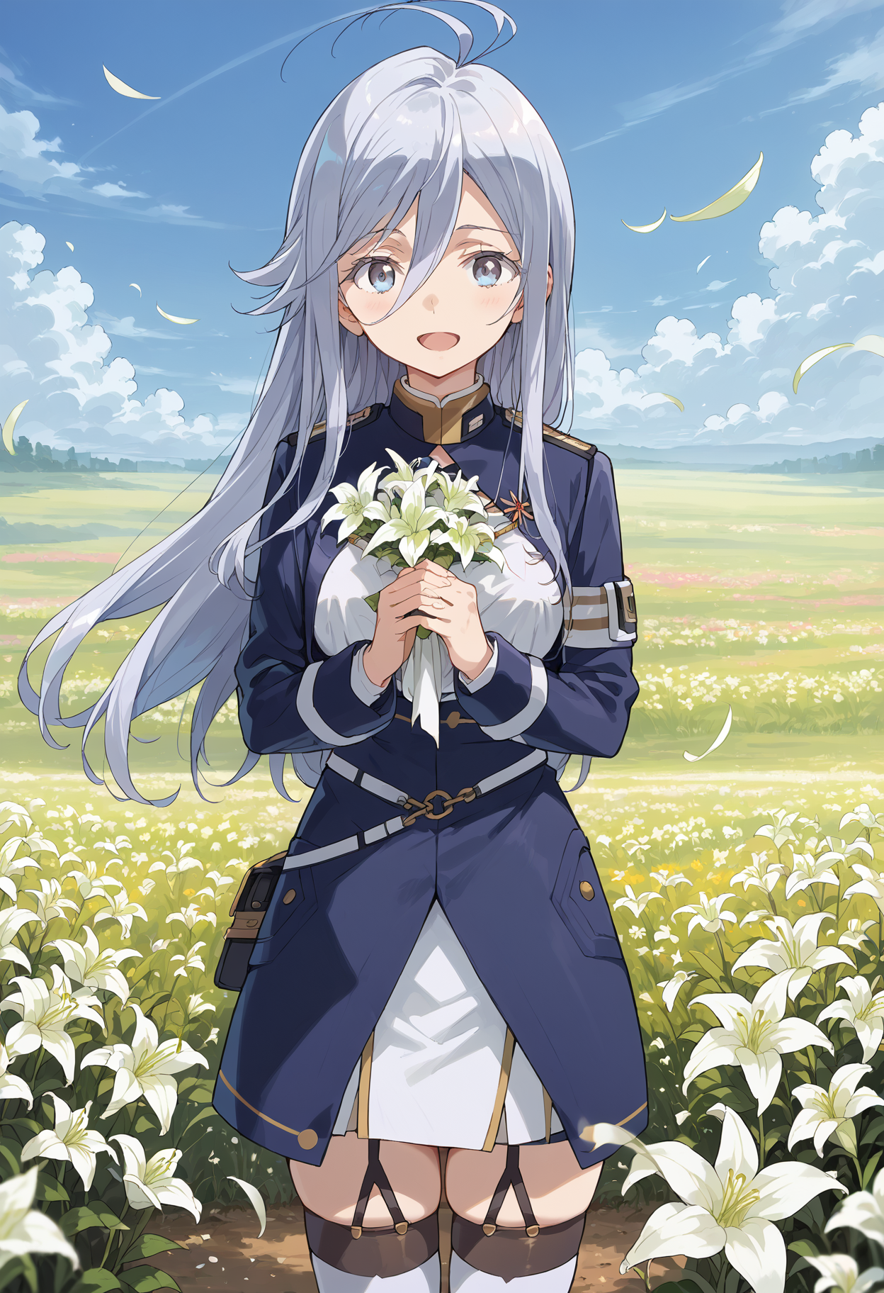 score_9, score_8_up, score_7_up, score_6_up, source_anime, vladilenamilize, 1girl, solo, blue military uniform, thighhighs, , , looking at viewer, garter straps, white thighhighs, smile, hair between eyes, high-waist skirt, blue jacket, , shirt, long sleeves, grey hair, bangs, cropped jacket, very long hair, standing, zettai ryouiki, blue skirt, ahoge, grey eyes, field, cloud, sky, , flower field, flower, scenery, outdoors, cloudy sky, petals, lily \(flower\), blurry, closed mouth,, own hands together, , holding bouquet, cowboy shot,<lora:vladilena_milize_ponyV2_6:1> open mouth,  large breasts,