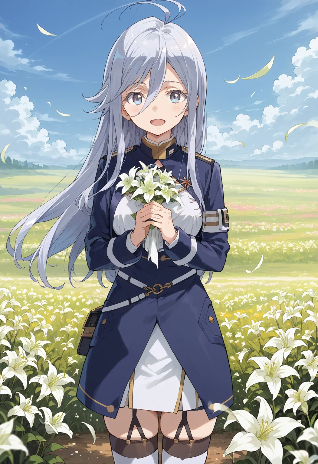 score_9, score_8_up, score_7_up, score_6_up, source_anime, vladilenamilize, 1girl, solo, blue military uniform, thighhighs, , , looking at viewer, garter straps, white thighhighs, smile, hair between eyes, high-waist skirt, blue jacket, , shirt, long sleeves, grey hair, bangs, cropped jacket, very long hair, standing, zettai ryouiki, blue skirt, ahoge, grey eyes, field, cloud, sky, , flower field, flower, scenery, outdoors, cloudy sky, petals, lily \(flower\), blurry, closed mouth,, own hands together, , holding bouquet, cowboy shot,<lora:vladilena_milize_ponyV2_6:1> open mouth, large breasts,
