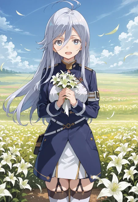 score_9, score_8_up, score_7_up, score_6_up, source_anime, vladilenamilize, 1girl, solo, blue military uniform, thighhighs, , , looking at viewer, garter straps, white thighhighs, smile, hair between eyes, high-waist skirt, blue jacket, , shirt, long sleeves, grey hair, bangs, cropped jacket, very long hair, standing, zettai ryouiki, blue skirt, ahoge, grey eyes, field, cloud, sky, , flower field, flower, scenery, outdoors, cloudy sky, petals, lily \(flower\), blurry, closed mouth,, own hands together, , holding bouquet, cowboy shot,<lora:vladilena_milize_ponyV2_6:1> open mouth, large breasts,