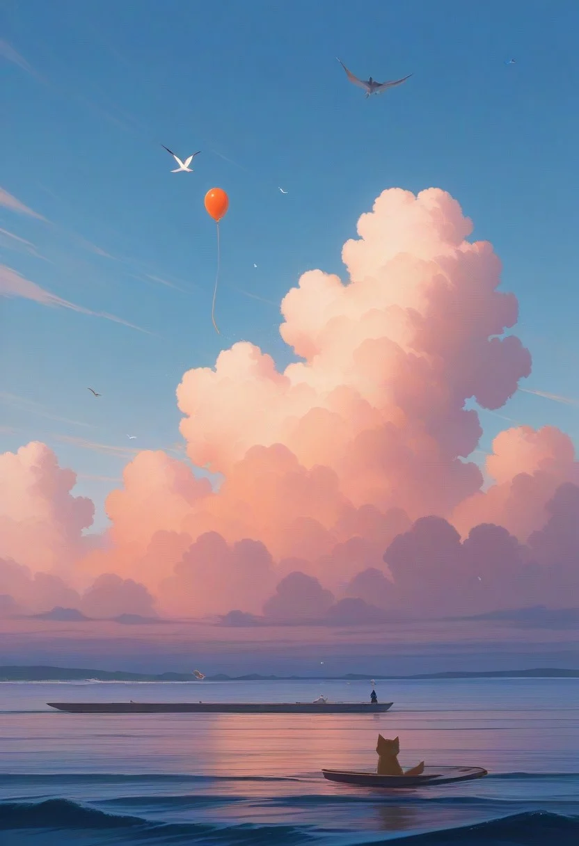 cat,dog,ppstorybook,A whimsical, fvan with blue-colored paint and oversized wheels, soaring through the clouds with balloons trailing behind,ocean,sea,fish,shark, surrounded by fluffy clouds and playful birds, depicted in a cheerful, cartoonish style with soft pastel hues.,high quality,best quality, amazing quality,
absurdres, very aesthetic, newest, HDR, high detail RAW color art,
intricate details, hyper aesthetic, incredibly absurdres, highres,
BREAK,