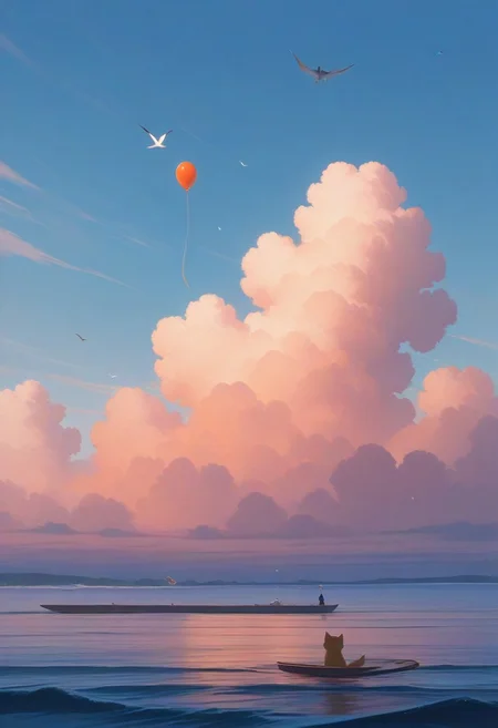 cat,dog,ppstorybook,A whimsical, fvan with blue-colored paint and oversized wheels, soaring through the clouds with balloons trailing behind,ocean,sea,fish,shark, surrounded by fluffy clouds and playful birds, depicted in a cheerful, cartoonish style with soft pastel hues.,high quality,best quality, amazing quality,
absurdres, very aesthetic, newest, HDR, high detail RAW color art,
intricate details, hyper aesthetic, incredibly absurdres, highres,
BREAK,
