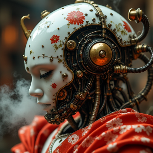 cpstyle01, A close-up of a Japanese-inspired robot, composed of intricate pipes and fine mechanics, with a sleek white exoskeleton. The robot is dressed in a red floral kimono, blending traditional elegance with steampunk elements. Atmospheric lighting bathes the scene in a cinematic glow, highlighting the contrast between the delicate fabric and the cold, intricate machinery beneath. Steam rises from the joints and fine gears, adding to the mysterious, futuristic atmosphere.