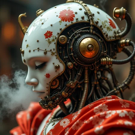 cpstyle01, A close-up of a Japanese-inspired robot, composed of intricate pipes and fine mechanics, with a sleek white exoskeleton. The robot is dressed in a red floral kimono, blending traditional elegance with steampunk elements. Atmospheric lighting bathes the scene in a cinematic glow, highlighting the contrast between the delicate fabric and the cold, intricate machinery beneath. Steam rises from the joints and fine gears, adding to the mysterious, futuristic atmosphere.