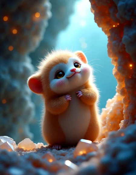,a picture of a of a small fat fluffy creature, whose fur is decorated with small polished crystals, which looks out curiously between two huge crystals, it holds on to the large crystals and leans forward slightly to take a close look at its surroundings, it is super cute and fluffy and looks at the viewer with big sparkling eyes, it's super cute how it looks up from the bottom, the scene takes place in a crystal cave, the walls are decorated with unpolished shiny crystals that reflect the light in the cave and everything on illuminate a harmonious and peaceful way,