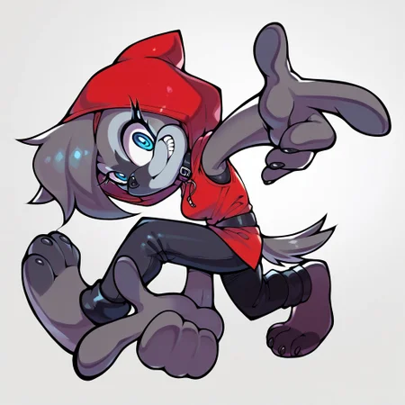 score_9, score_8_up, score_7_up, score_6_up, anthro,, anthropomorphic grey hyena, female, black collar, 1girl, grey fur, blue eyes, (red hood:1.3), black sleeveless, black work pants, hands on own head, looking at viewer, grin, teeth, full body, sonic adventure pose