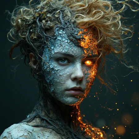 Ultra-detailed portrait of an androgynous being, half face made of crackling lava, half face made of crystalline ice, hair of swirling wind and leaves, shoulders transitioning into earth and roots, eyes glowing with ethereal light, in the style of HR Giger meets Alphonse Mucha, photorealistic textures, dramatic lighting, 16K resolution