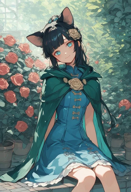 score_9, score_8_up, score_7_up, score_6_up, score_5_up, (art, sitting, head tilt, (psychedelic), garden, sunlight, dog ears, metal floor, rose, green cape, tattered cape, hood up, blue latex dress, hair ornament, 1girl, ponytail, black hair, blunt bang, smile, closed mouth)