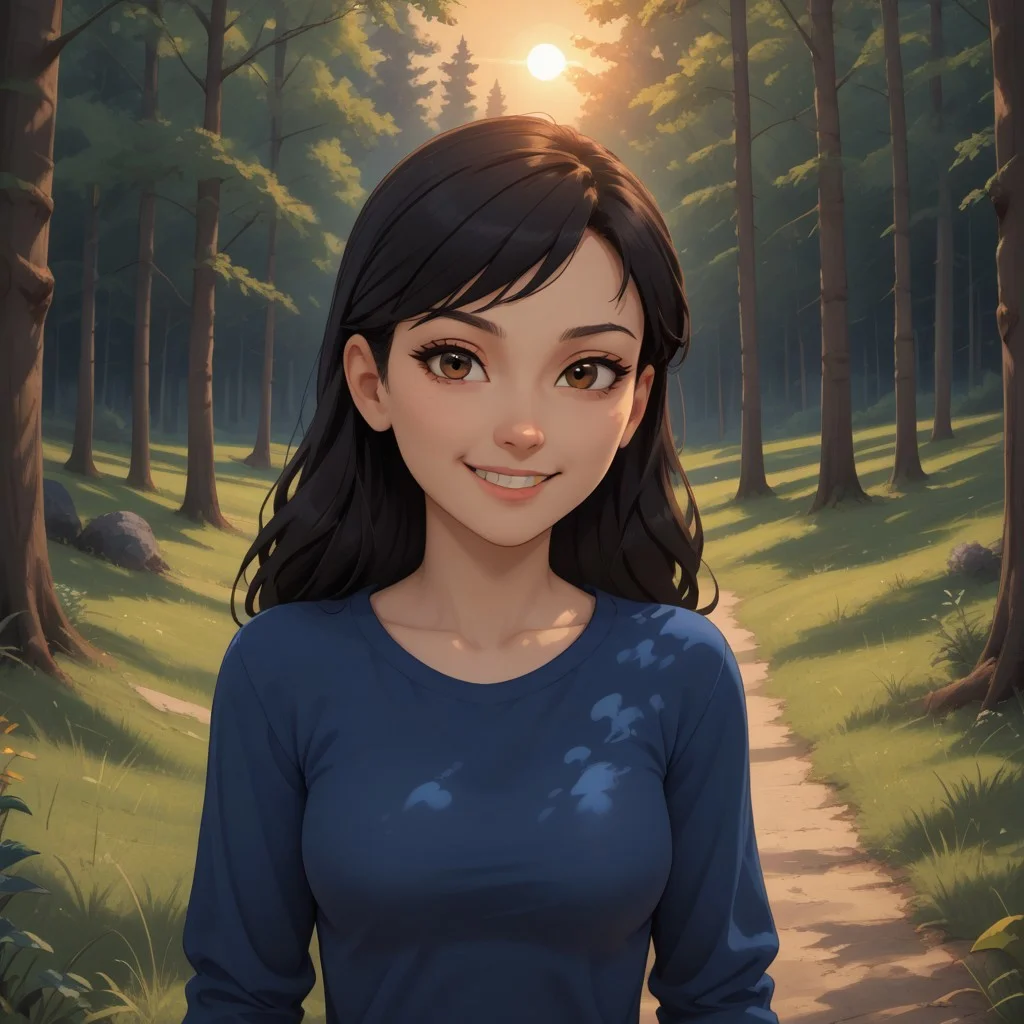 score_9, score_8, BREAK, solo, Mary_Wang_(Tales_of_Arcadia), 1girl, black hair, brown eyes, asian female, blue long sleeves shirt, self portrait, smile, looking at viewer, outdoors, sunlight, shadows, evening lighting, natural lighting, forest, trees, grass, orange sky, sunset