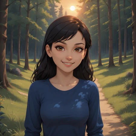 score_9, score_8, BREAK, solo, Mary_Wang_(Tales_of_Arcadia), 1girl, black hair, brown eyes, asian female, blue long sleeves shirt, self portrait, smile, looking at viewer, outdoors, sunlight, shadows, evening lighting, natural lighting, forest, trees, grass, orange sky, sunset